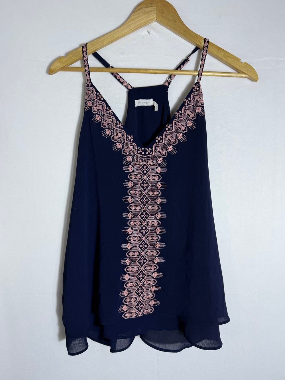 Elle Peper Navy Blue Embroidered Spaghetti Strap Tank Top Size L